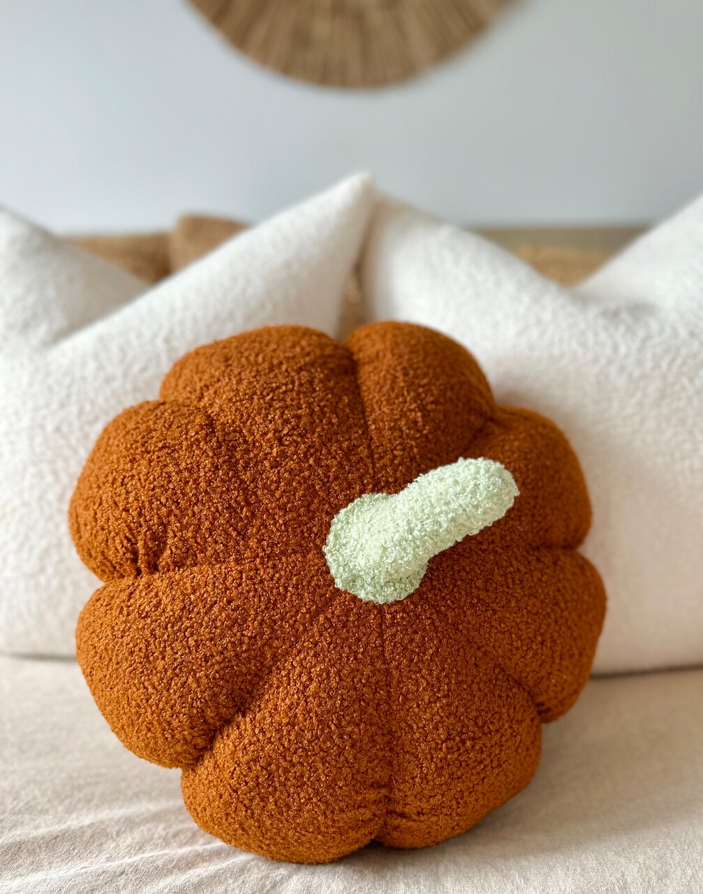 Burnt Orange Sherpa Pumpkin Pillow with Sage Green Stem – 11", Jumbo Plush Fall Decor